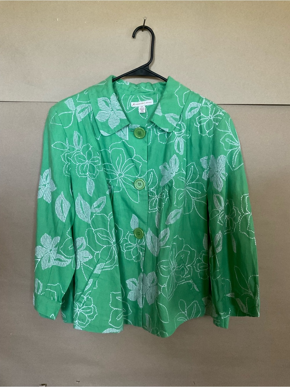 JM Collection. Green Floral Button-Up Jacket. Linen Size 16W